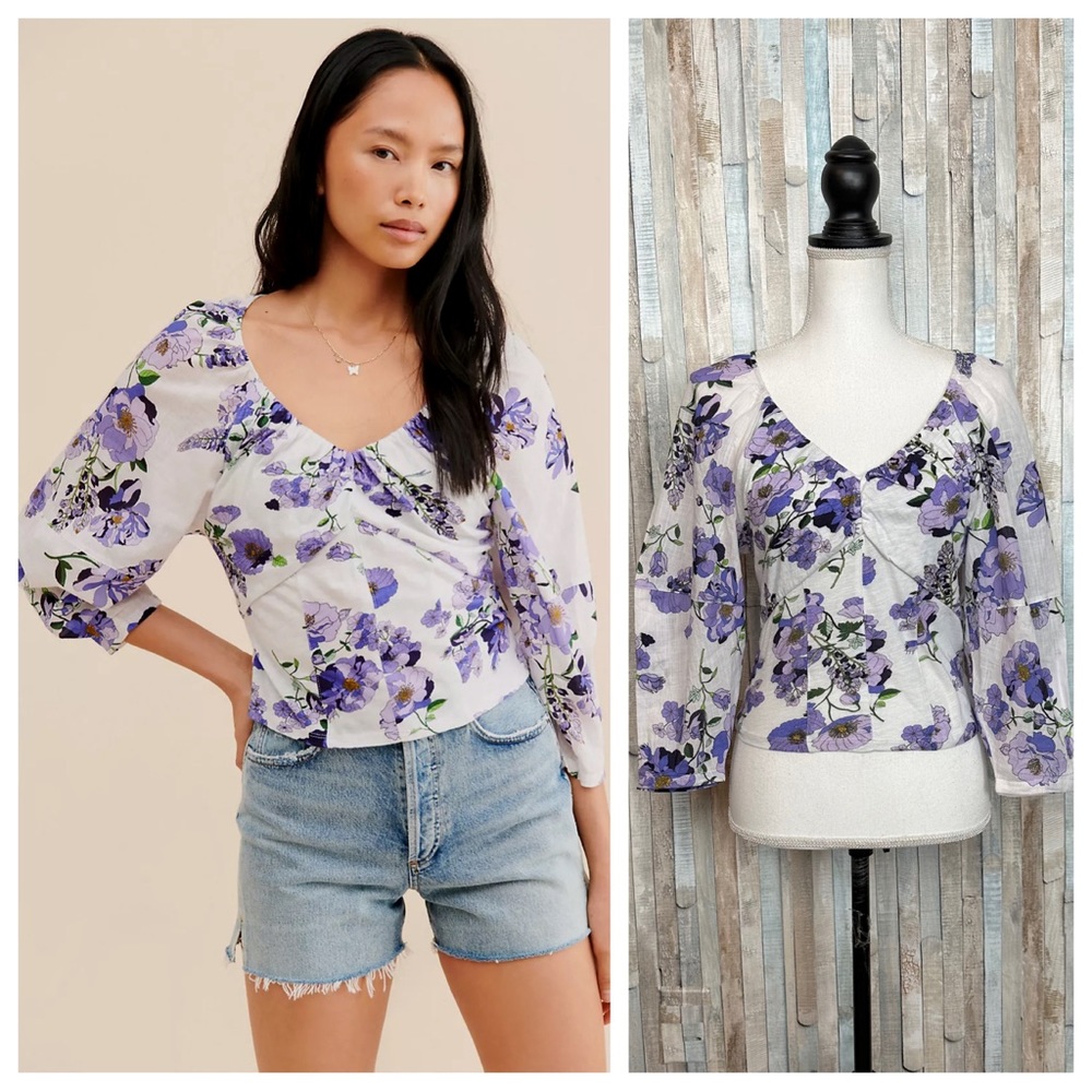 Anthropologie XS Purple Floral Print V-Neck Ruched Knit Top Cottagecore Boho
